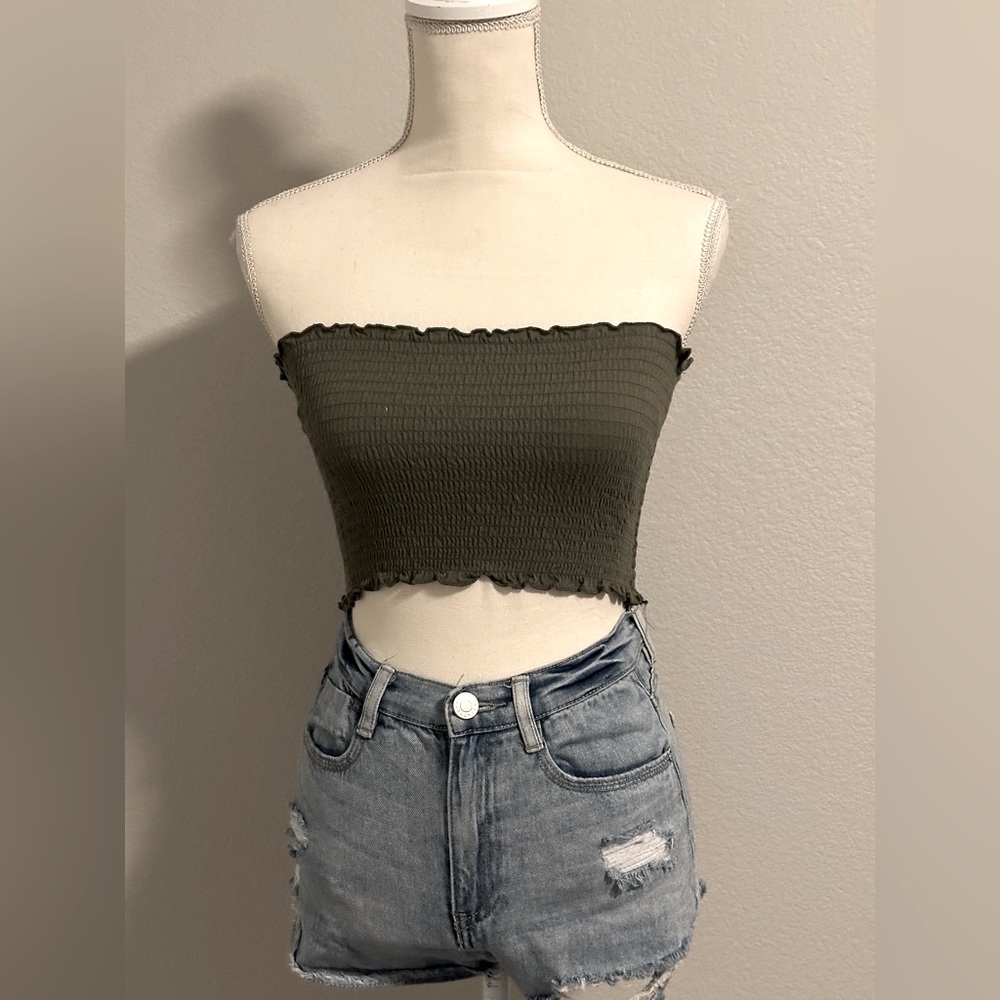 Green Stretchy Ruffle Crop Top Size Tube Top Strapless Small